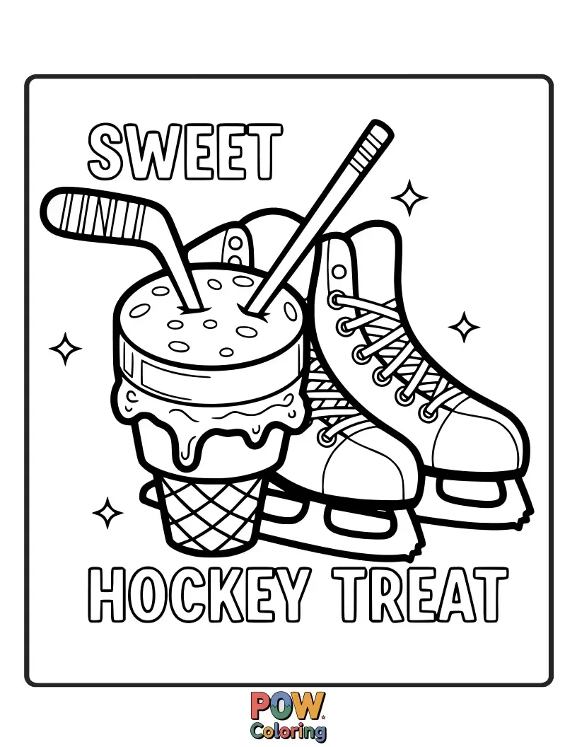 Free coloring page of A cupcake character in hockey gear scoring a goal with a cherry puck. A delicious and fun design for sweet lovers.