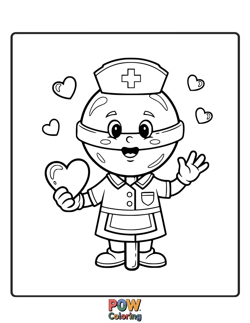 Free coloring page of A friendly nurse offering a giant lollipop bandage, making medicine time a delightful treat for all.