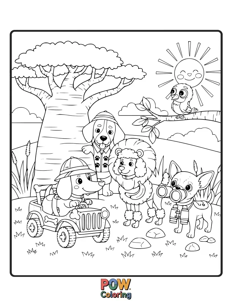 Free coloring page of Cute dogs on a mini safari adventure, encountering friendly, stylized jungle animals and exploring lush, vibrant landscapes.