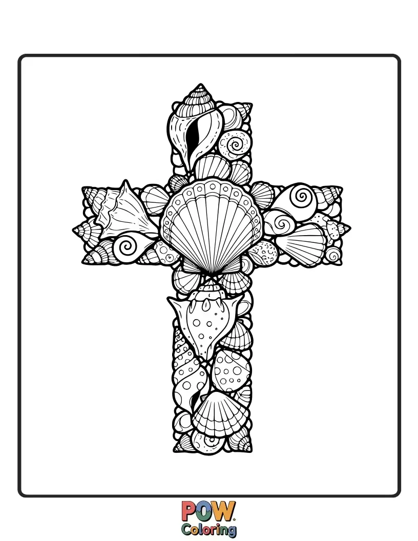 Free coloring page of A charming cross inspired by the ocean, detailed with intricate seashells and gentle waves.