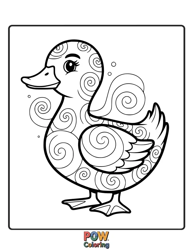 Free coloring page of This unique duck is patterned with beautiful, swirling designs, perfect for rainbow colors.