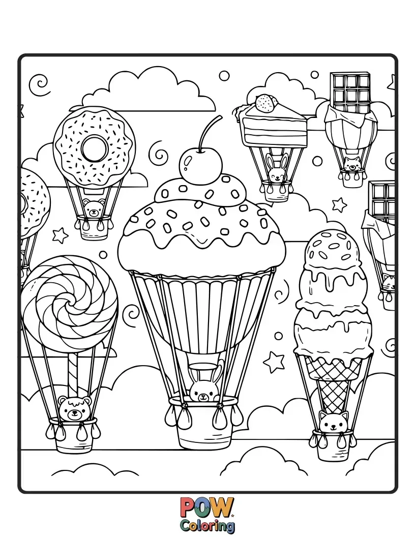 Free coloring page of Delightful hot air balloons shaped like cupcakes, ice cream cones, and candy, drifting over a candy land landscape.