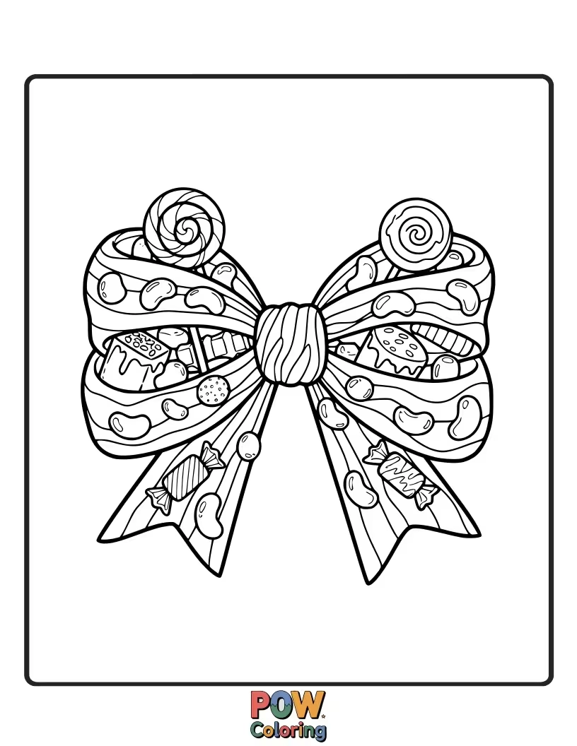 Free coloring page of A delightful bow crafted from colorful candies, ice cream scoops, and gingerbread cookies, a truly delicious coloring adventure.