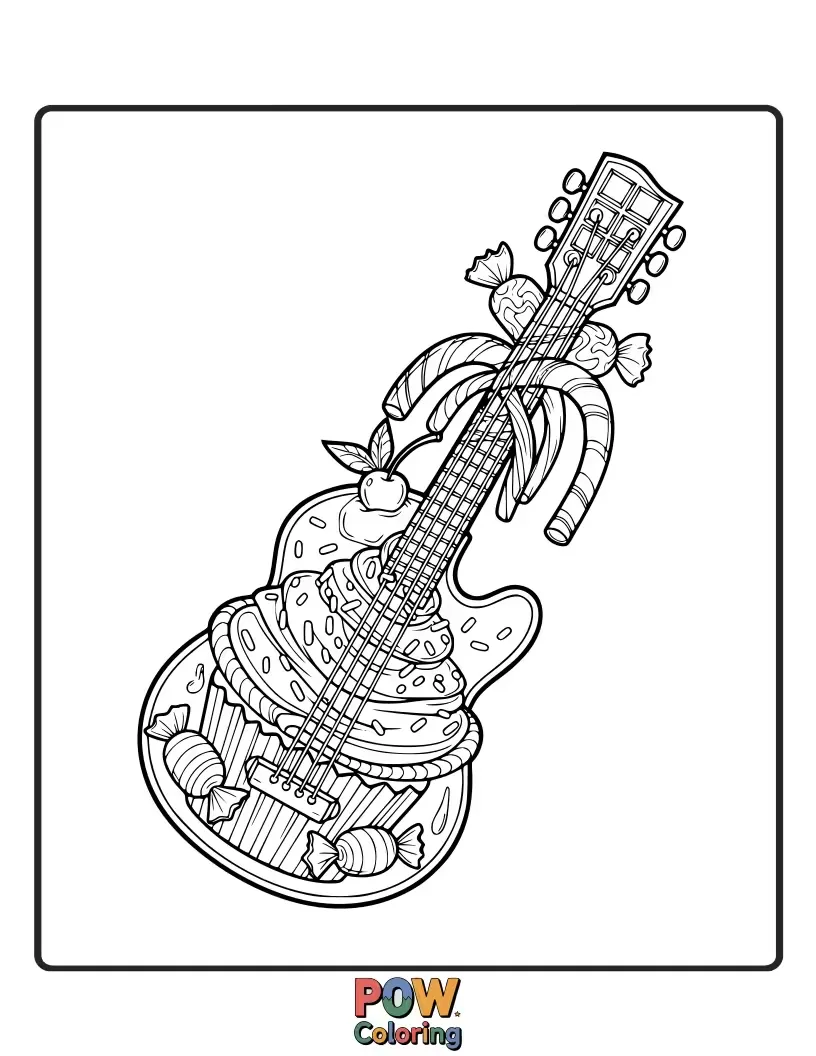 Free coloring page of A guitar made of delicious-looking candy and frosting, perfect for a dessert melody.