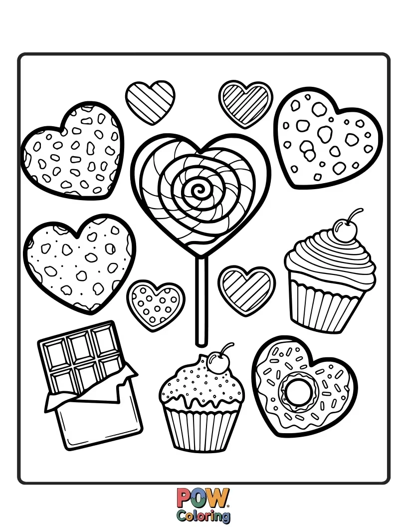 Free coloring page of Delicious-looking hearts decorated like cupcakes, cookies, and ice cream cones. A delightful dessert dream.