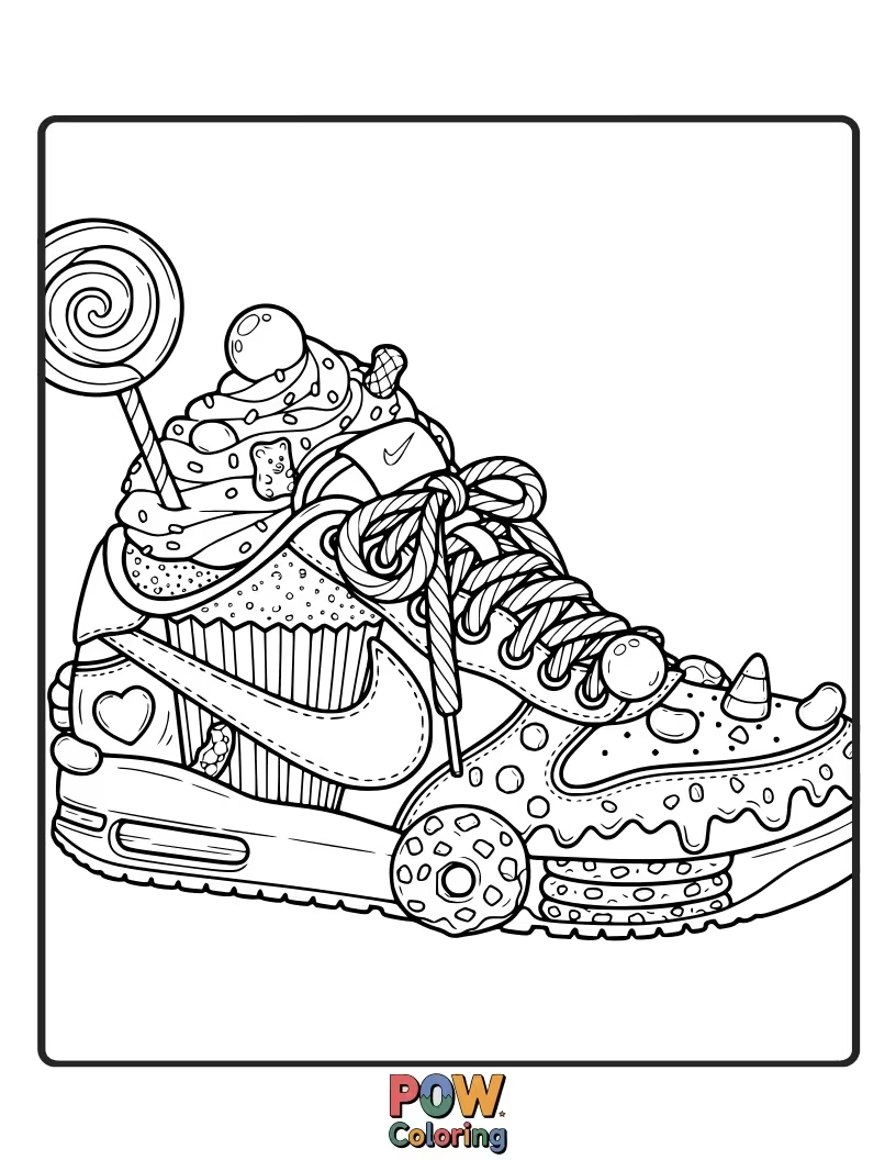 Free coloring page of This delightful Nike shoe looks good enough to eat, decorated with ice cream cones, candies, and sprinkles.