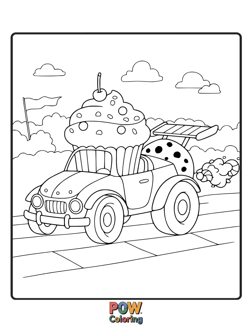 Free coloring page of A whimsical race car shaped like a giant candy or cupcake, ready for a sugary sprint.
