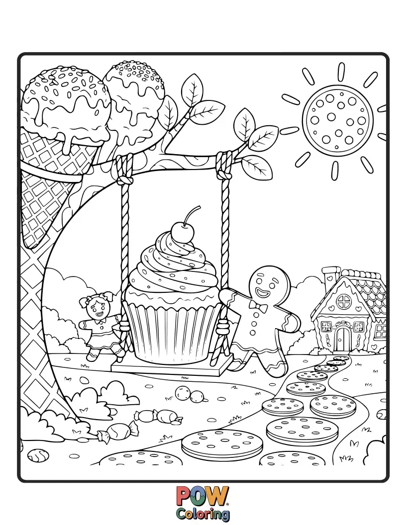 Free coloring page of A cheerful cupcake character enjoys a ride on a swing crafted from candy canes and lollipop strings.
