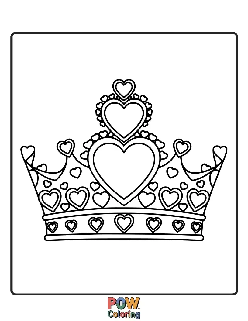 Free coloring page of A lovely crown featuring a central heart shape surrounded by smaller hearts, radiating love and charm.