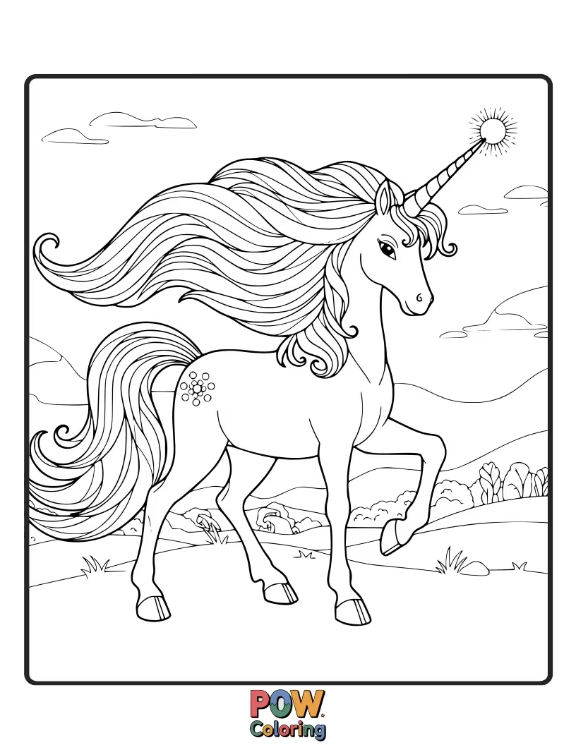 Free coloring page of Unicorn where its mane and tail are a swirling abstract blend of colors.