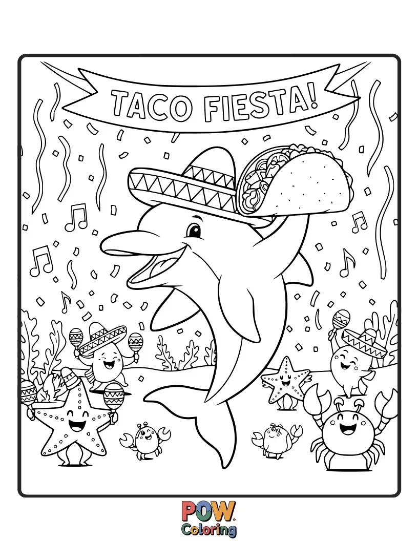Free coloring page of This dolphin loves tacos! It's juggling them with a festive sombrero.