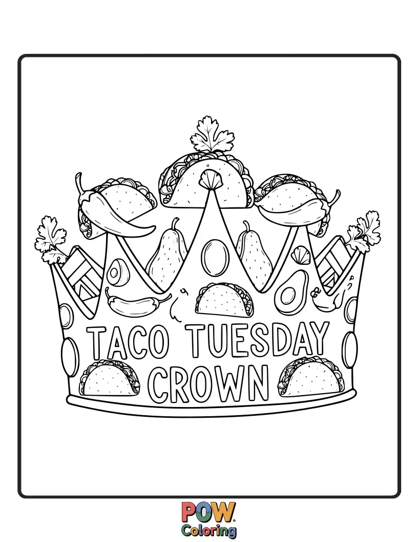 Free coloring page of This festive crown is a fiesta of taco shells, lettuce, and cheese, ready to be colored.