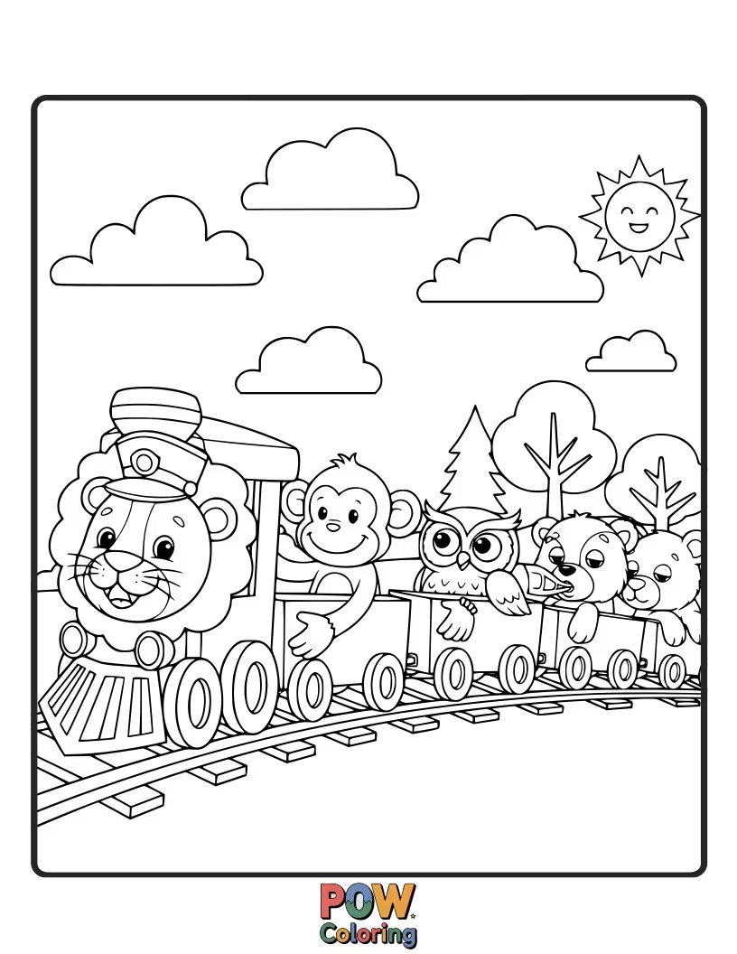 Free coloring page of A train carrying a variety of talking animals, each with their own personality. Imagine the chatter and colorful conversations.