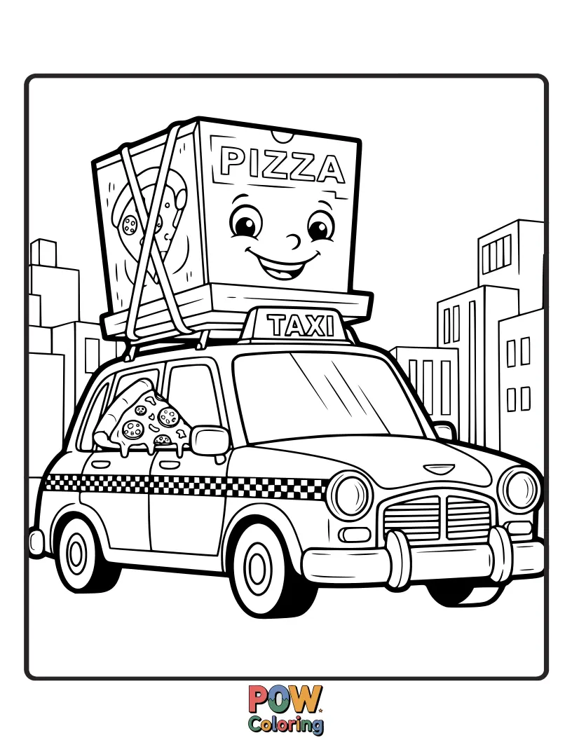 Free coloring page of A speedy, friendly taxi rushing to deliver a delicious pizza, bringing smiles and tasty treats to hungry customers.