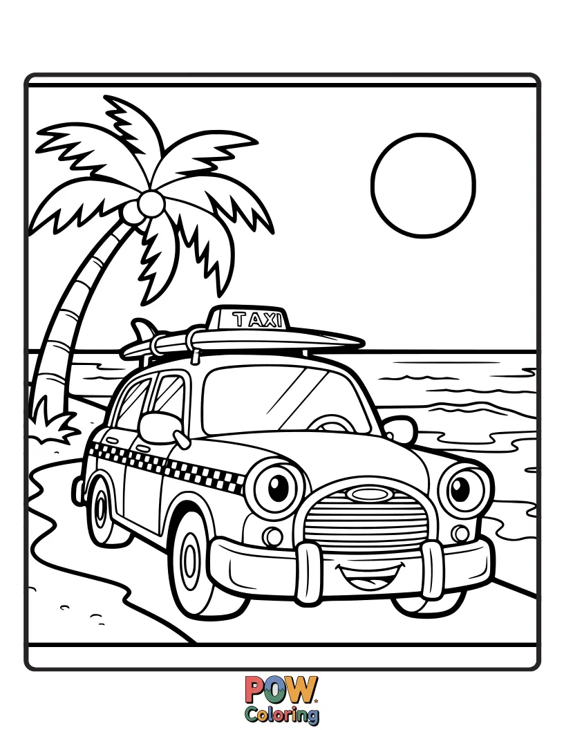 Free coloring page of This sunny taxi is packed and ready for a vacation, heading towards the ocean with surfboards on top.