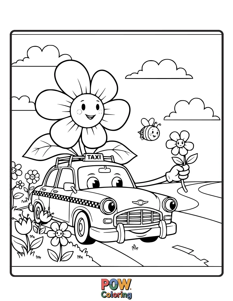 Free coloring page of This gentle taxi has stopped to admire nature, its driver collecting a bouquet of beautiful blossoms.