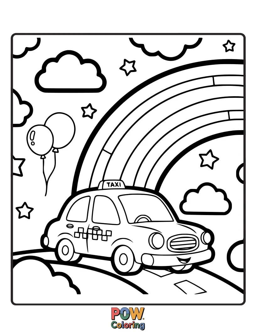 Free coloring page of A cheerful taxi adorned with a vibrant rainbow, ready to whisk you away to colorful destinations with a smile.