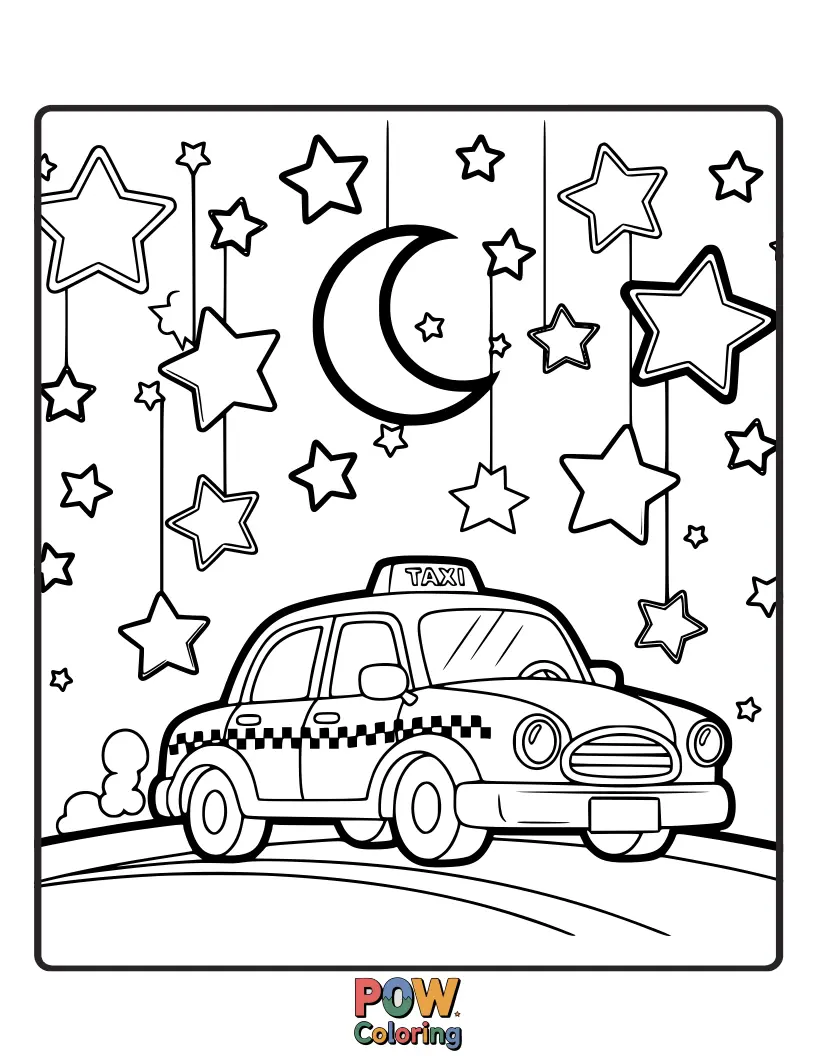 Free coloring page of A serene taxi parked beneath a starry night sky, a peaceful and beautiful scene for a quiet drive.