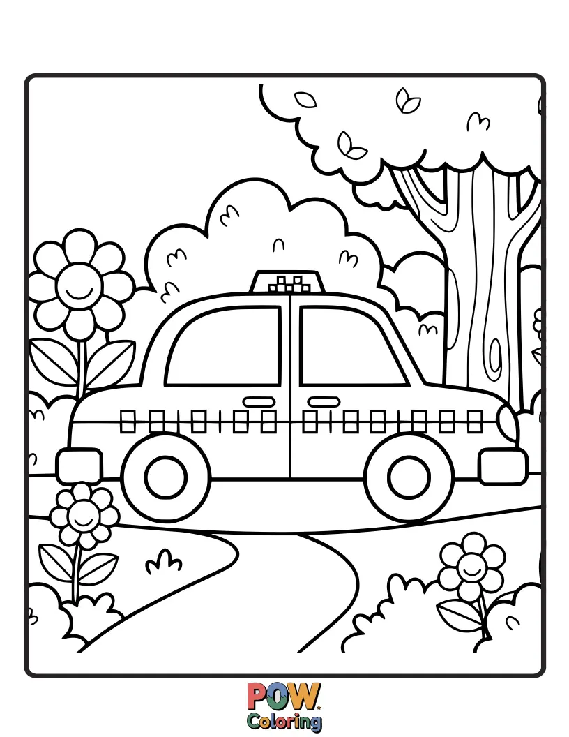 Free coloring page of A serene taxi peacefully parked amongst blooming flowers and lush greenery, enjoying the tranquility of nature.