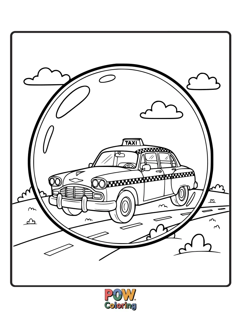 Free coloring page of A surreal and beautiful scene of a taxi floating inside a massive, iridescent soap bubble, a whimsical journey.