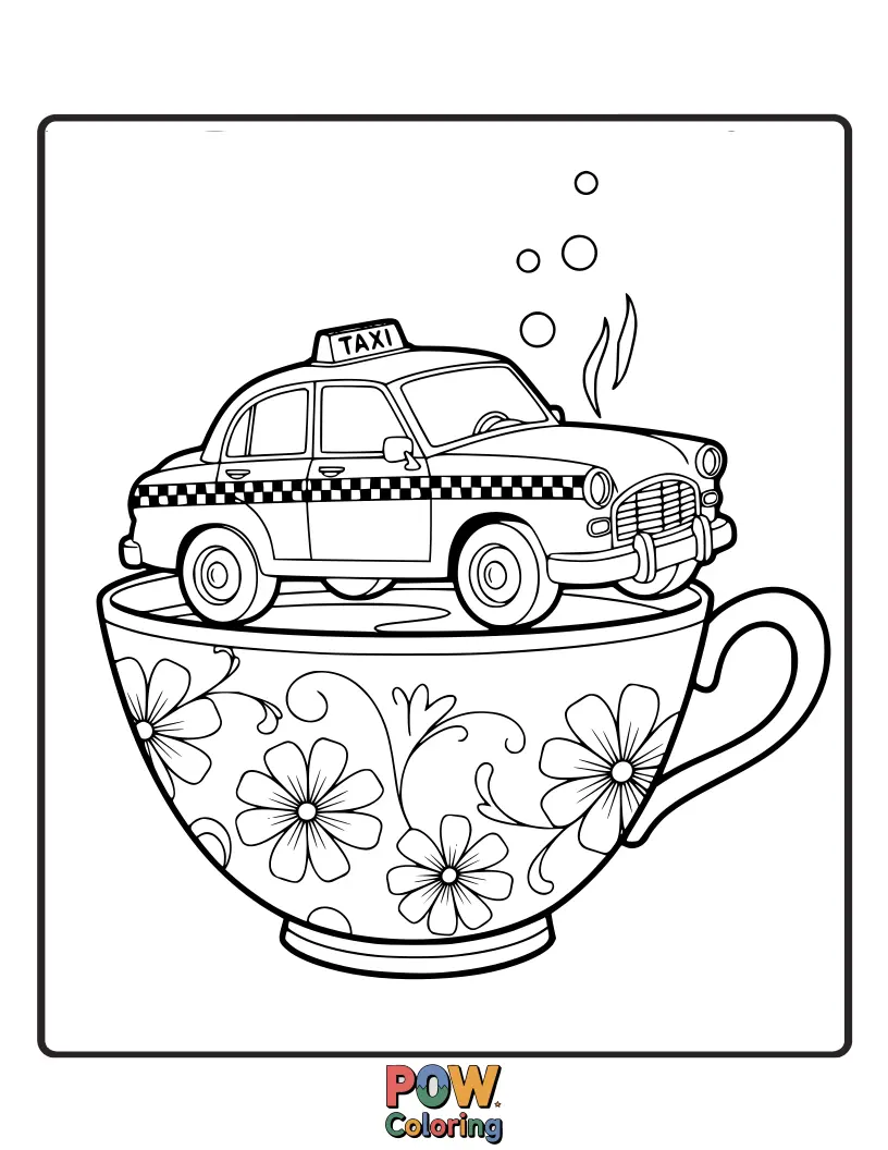 Free coloring page of A tiny, charming taxi nestled inside a large, delicate teacup, a sweet and unexpected miniature journey.