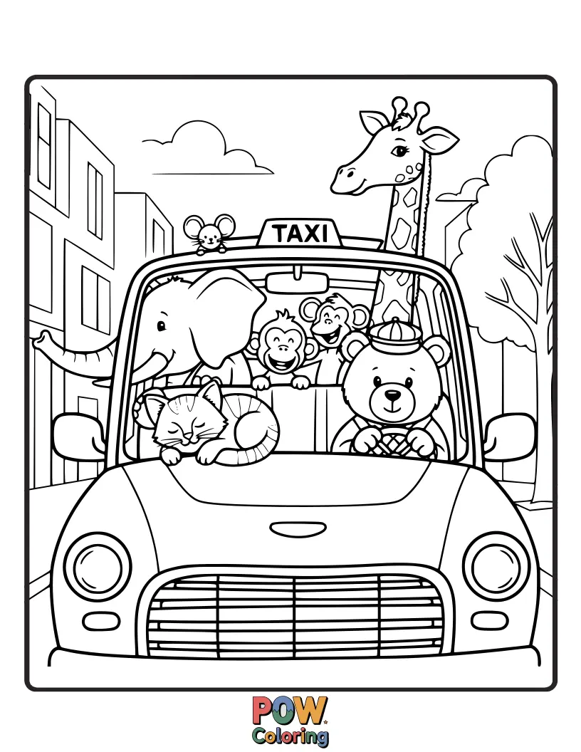 Free coloring page of A quirky taxi filled with an assortment of adorable animals, all excited for their unique city tour.