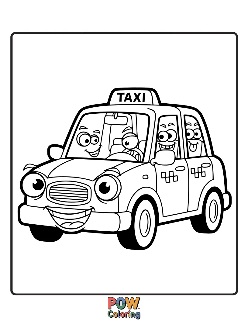 Free coloring page of A playful taxi featuring a variety of silly and expressive faces on its windows and doors, ready for fun.