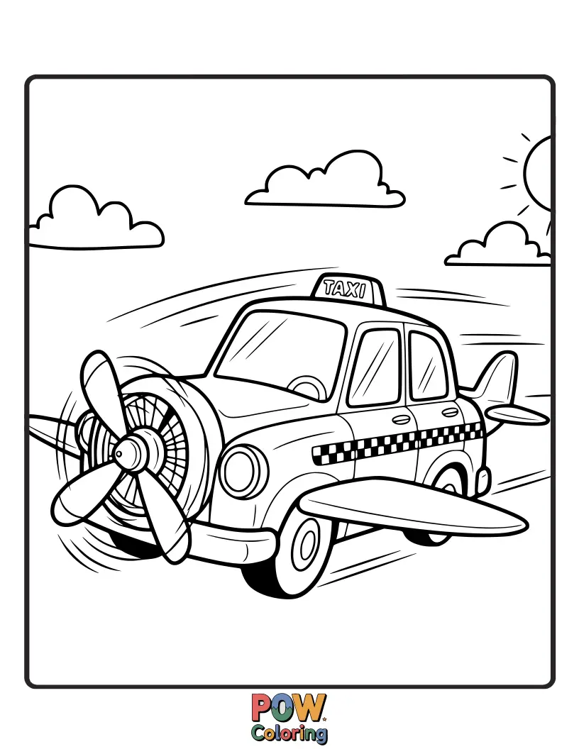 Free coloring page of A quirky taxi equipped with a propeller, ready to take off on a funny and unexpected land or air voyage.