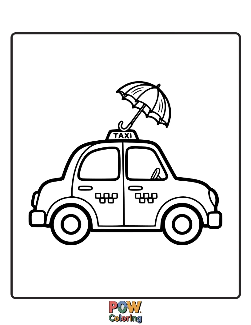 Free coloring page of A dapper taxi holding a miniature umbrella, elegantly prepared for any weather, a stylish city explorer.
