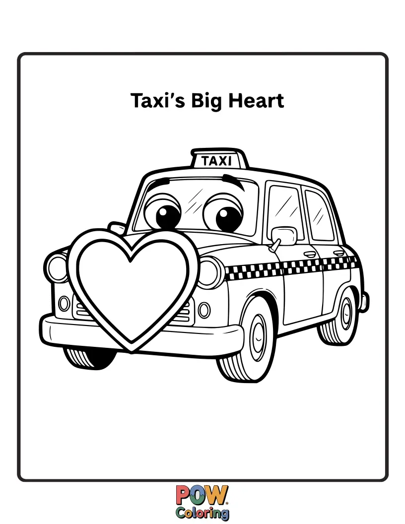Free coloring page of This loving taxi is spreading kindness, with a large, warm heart on its side, ready for any fare.