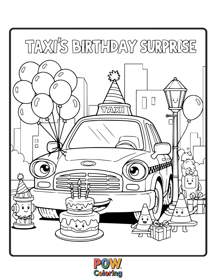 Free coloring page of A festive taxi decorated with balloons and a party hat, ready to celebrate a special day with joy.