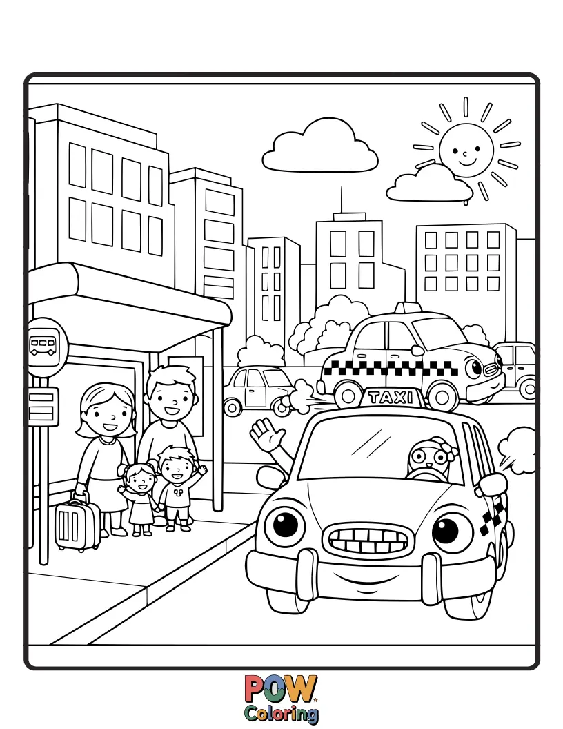 Free coloring page of Depict a taxi navigating a bustling city street, with other vehicles and pedestrians, capturing the energy of urban life.