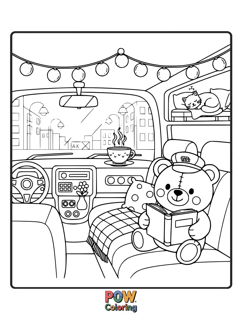 Free coloring page of Focus on the inside of a taxi, with comfy seats, a dashboard, and maybe a sleeping passenger, inviting relaxation.