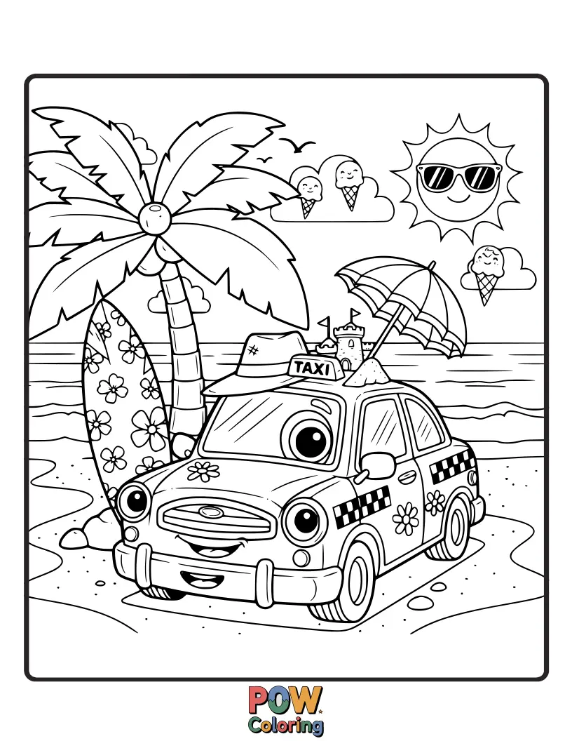 Free coloring page of This taxi is dreaming of faraway places, with postcards and travel icons decorating its exterior, ready for escape.