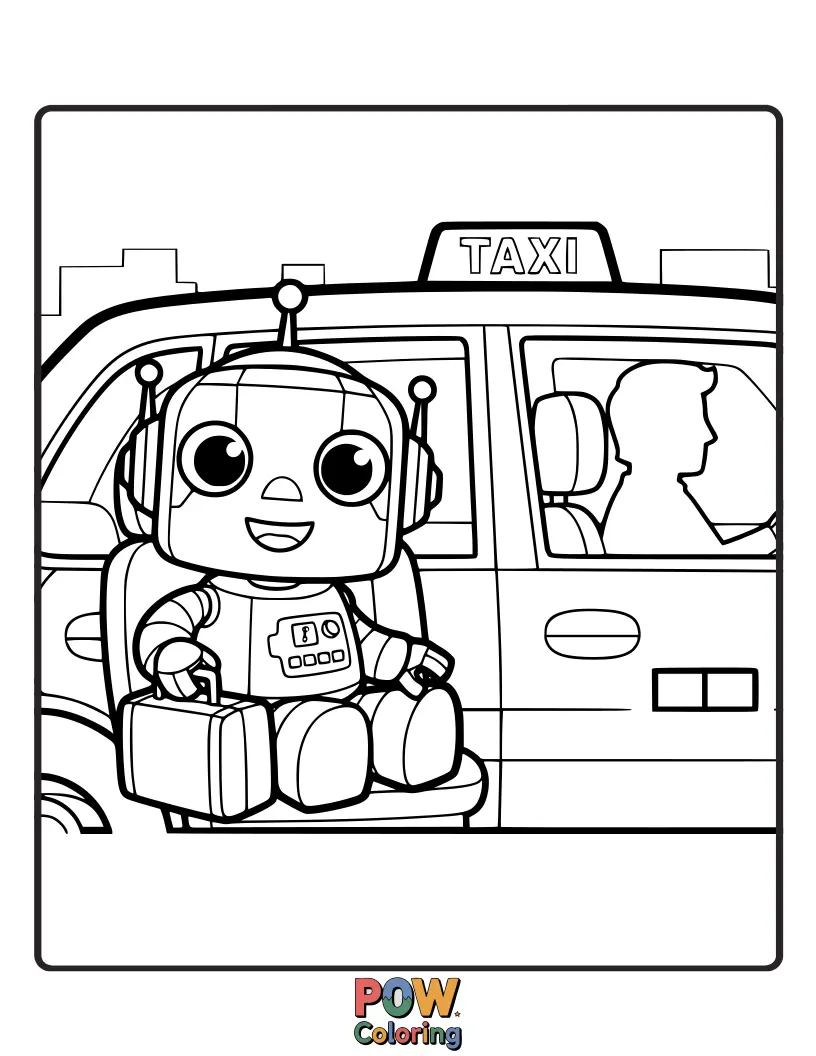 Free coloring page of A futuristic taxi chauffeuring a cute, smiling robot, a fun blend of classic and modern transportation.
