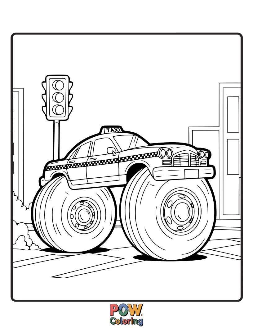 Free coloring page of A quirky taxi with comically oversized wheels, ready to conquer any bumpy road with playful determination.