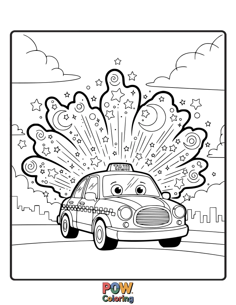 Free coloring page of A mystical taxi emanating a soft, enchanting glow, ready to transport passengers to realms of wonder.