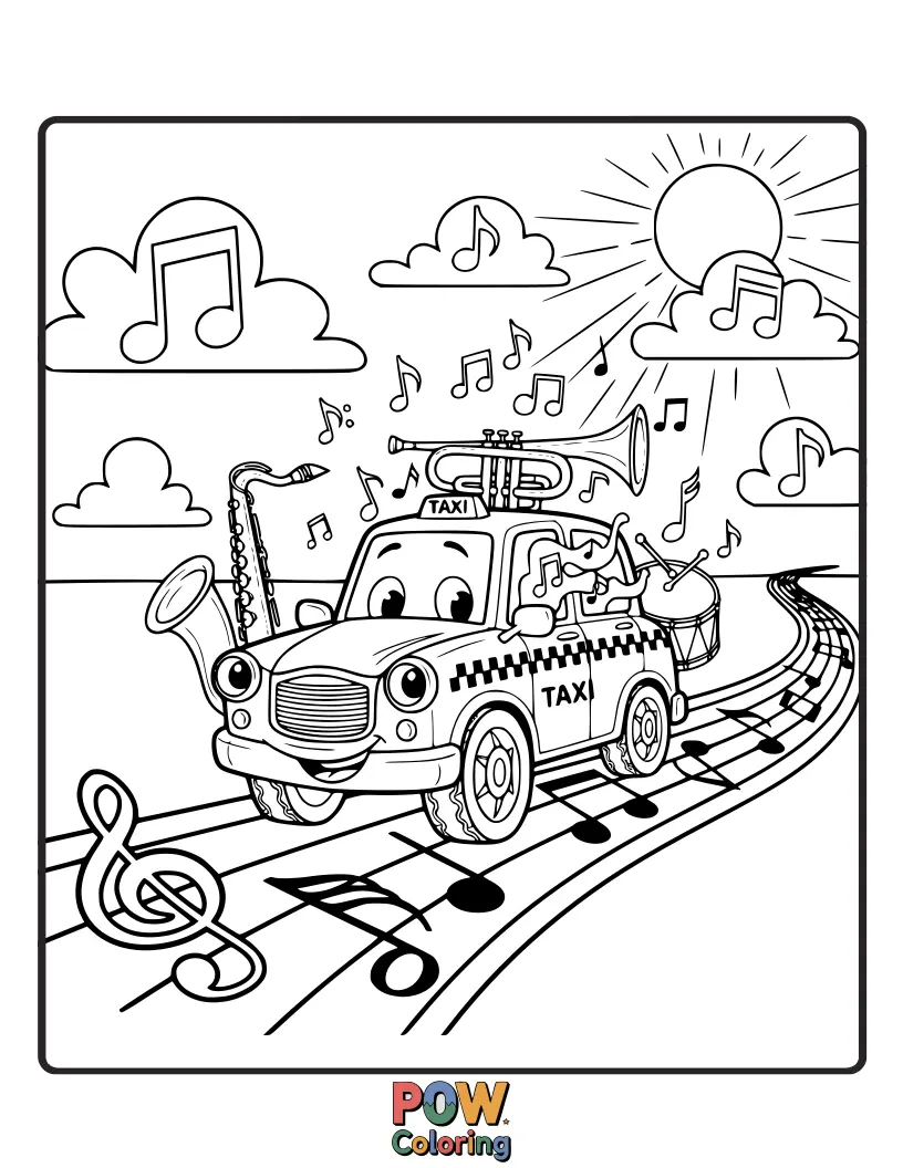 Free coloring page of This lively taxi is filled with musical notes and instruments, ready to serenade its passengers with cheerful tunes.