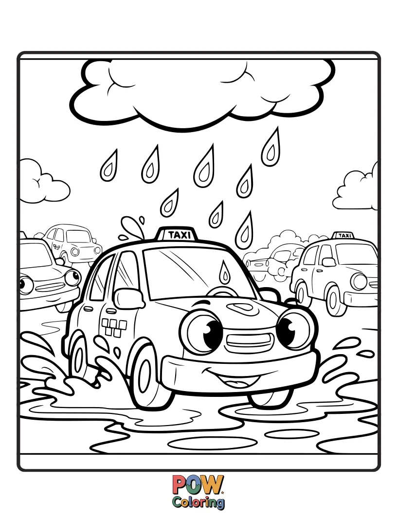 Free coloring page of A cozy taxi splashing through puddles, its headlights shining brightly on a wet but cheerful urban landscape.