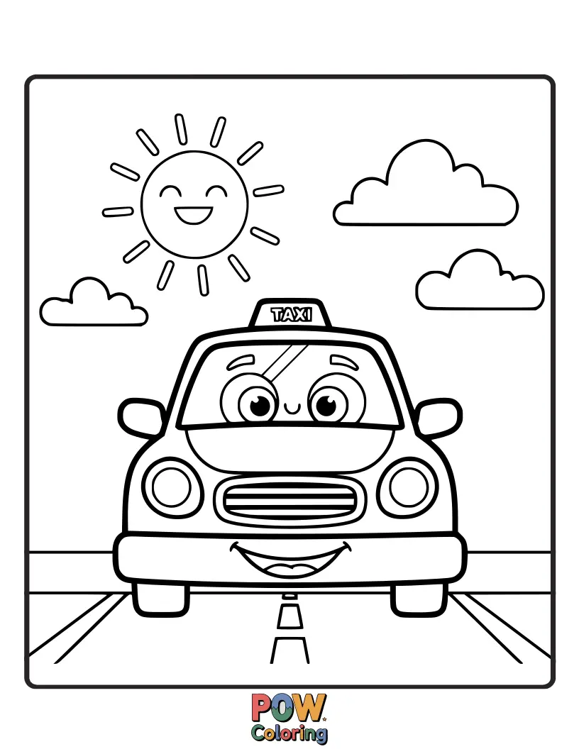 Free coloring page of A beaming taxi with a bright sun on its hood, radiating warmth and happiness on its daily routes.