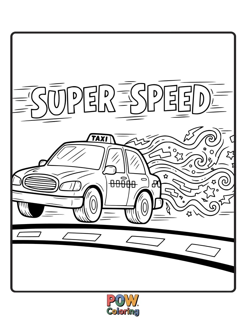 Free coloring page of A dynamic taxi with streaks of light behind it, showcasing its incredible speed and efficiency.