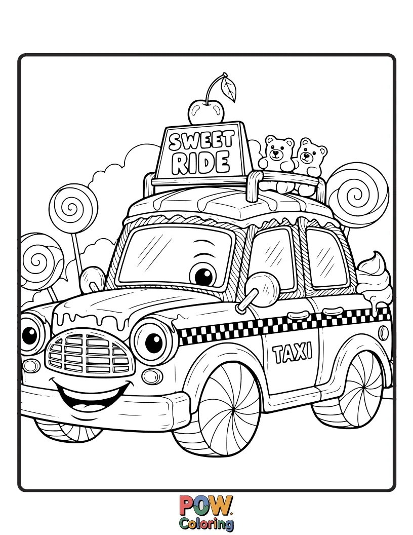 Free coloring page of This charming taxi is decorated with candies and cupcakes, making every trip a a delightful, sugary adventure.