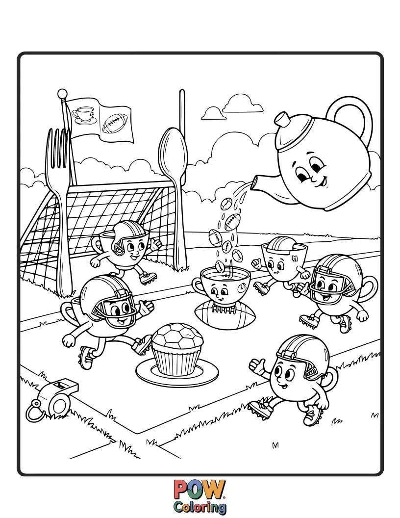 Free coloring page of A football dressed in a tiny hat, enjoying a delightful tea party with cupcakes and teacups. Charming and unexpected.