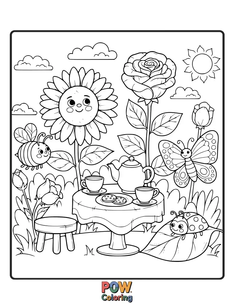 Free coloring page of Flowers dressed in tiny hats and bonnets, gathered for a whimsical tea party amidst teacups and floral treats.