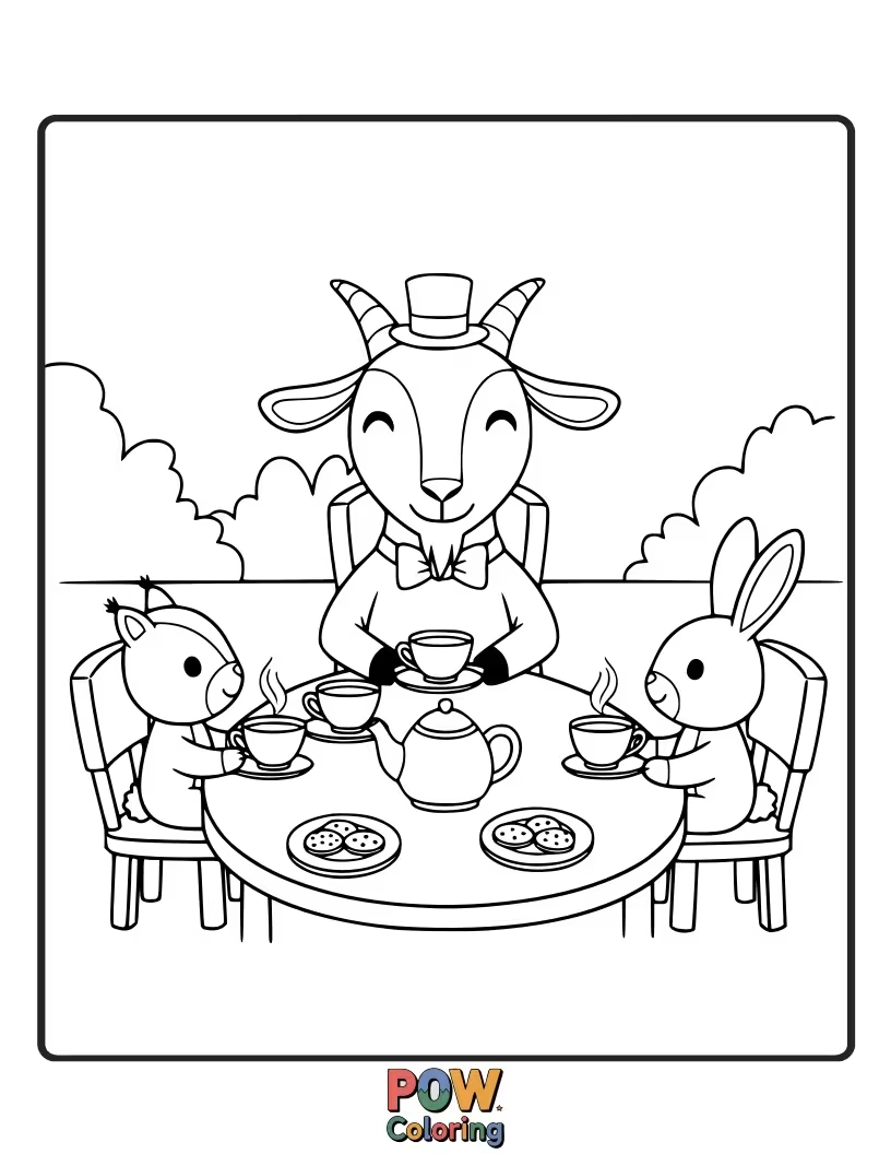Free coloring page of A graceful goat hosting a fancy tea party with tiny teacups, a teapot, and delicate pastries, inviting friends.