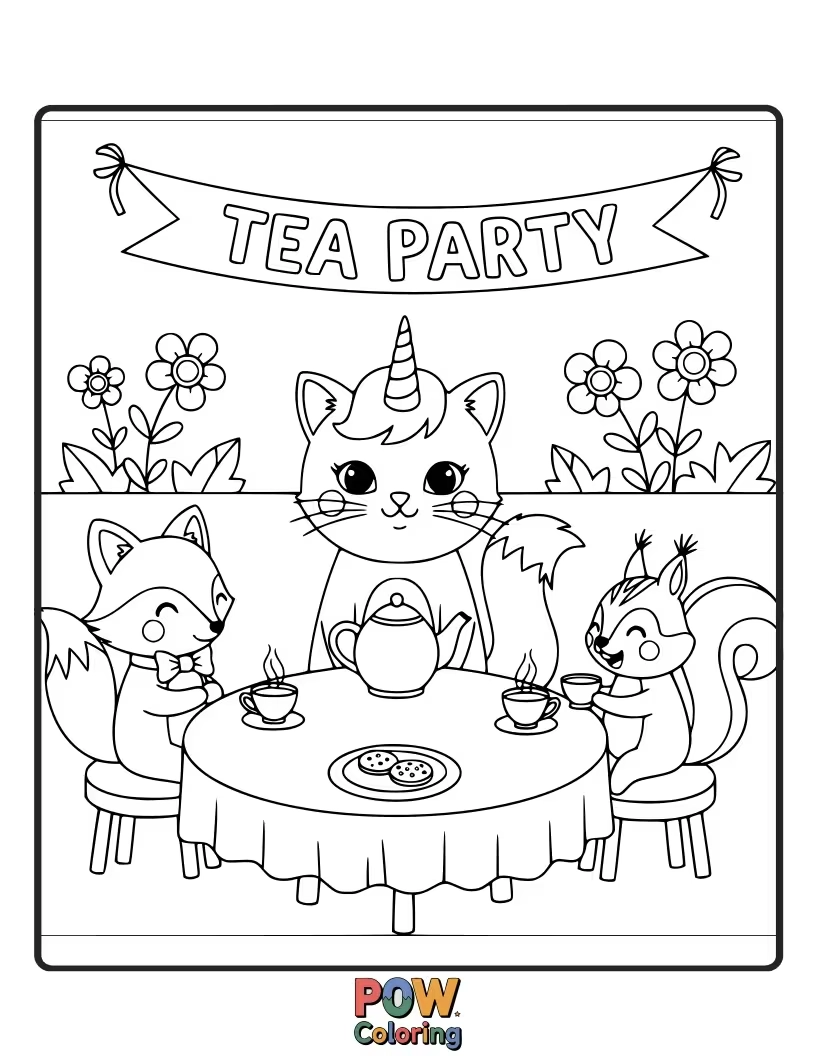Free coloring page of A refined unicorn cat wearing a tiny teacup hat, enjoying a delicate tea party with miniature pastries and a teapot.