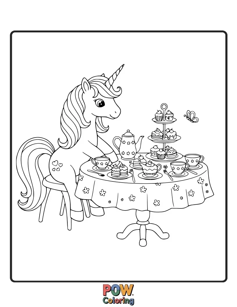 Free coloring page of Sophisticated unicorn hosting a charming tea party with tiny teacups.