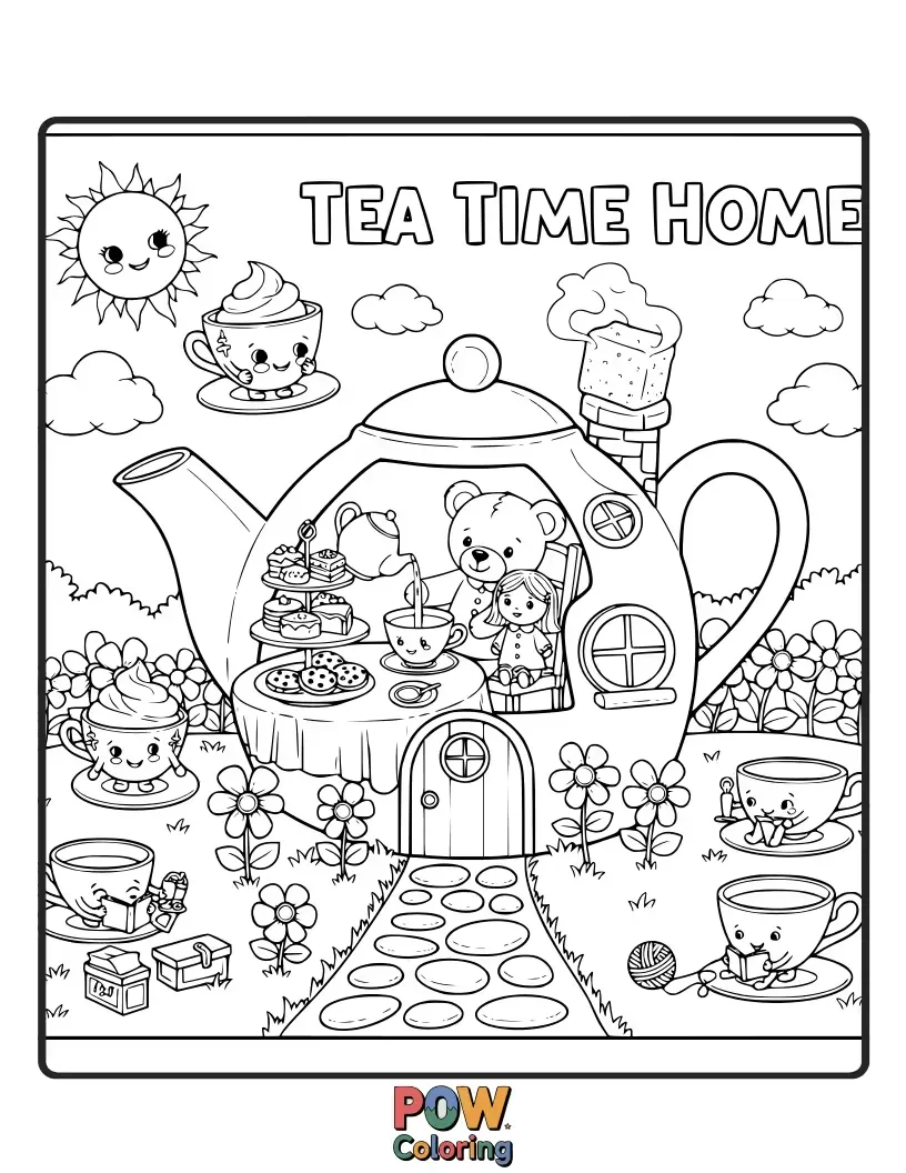 Free coloring page of A charming teapot-shaped house with teacup windows and a sugar cube chimney. Perfect for a sweet afternoon.