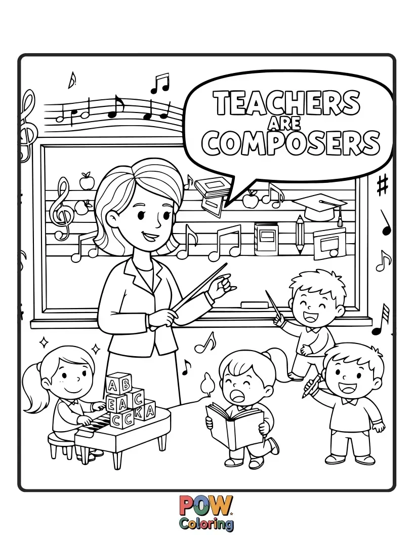 Free coloring page of A teacher conducting an orchestra of musical notes made from books and pencils. Harmonizing different subjects into a symphony of learning.