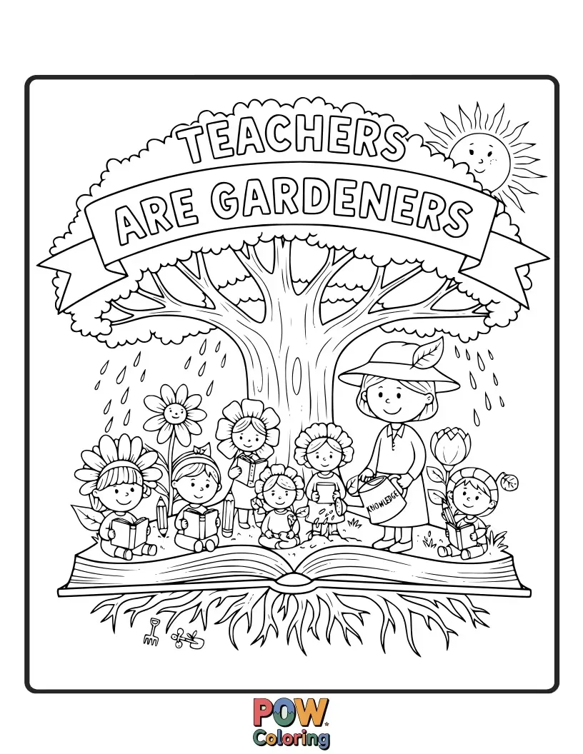 Free coloring page of A teacher tending to a vibrant garden where each plant is a different subject. Blooming with knowledge and potential.